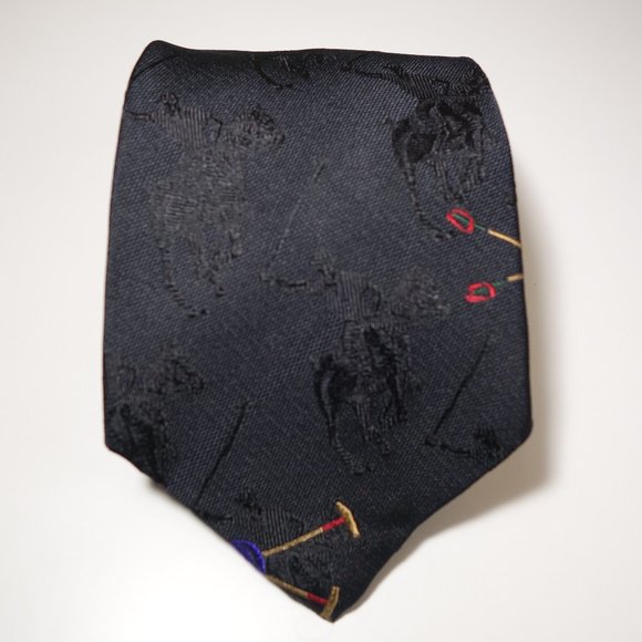 Vtg Ralph Lauren Embroidered Black On Black Equestrian Polo Player Tie Made Hand - Picture 1 of 11